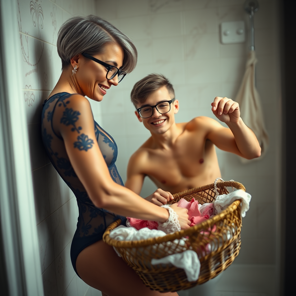 In a bathroom, an amazed European skinny boy is frantically rummaging in a basket full of lingerie. He is watched from a distance by a gorgeous 45-year-old European Latina with a sharp aquiline nose, wrinkles, high cheekbones, Middle Eastern features, skinny tanned skin, rounded medium breasts, skinny thighs, and a big rounded ass. She has full makeup, jewelry, and a serious expression, with a shocked yet smiling face, blushing and with an open mouth. Her ash hair is styled in a short bowl haircut, slicked back, and she has brown eyes and glasses. She is wearing a navy blue sheer embroidered leotard made of detailed fabric. The scene is captured in a landscape-wide shot, in focus.