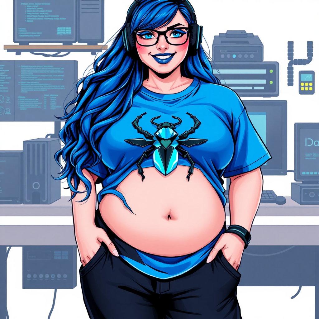 A cyberpunk vigilante's 28-year-old computer science major nerdy, full figured, heavily pampered computer hacker and tech-wiz girlfriend with long, maximum blue hair. She wears maximum blue lipstick and has bright blue eyes. Her outfit includes an oversized, maximum blue t-shirt (accentuating her gargantuan midsection) featuring a maximum blue gemstone beetle chest emblem. She sports black eyeglasses, black sweatpants, a sapphire headset with a maximum blue lensed HUD, with a beaming smile and neon red blush. Her full figure (especially her gargantuan midsection) reflects the doting care of her vigilante boyfriend. As her boyfriend's tech-wiz, she primarily works in his hideout, operating from her workbench and her computer desk. The background is solid white. She has a prominent, round, gargantuan midsection. She is drawn as if she was in a retro 2D cyberpunk fighting game.