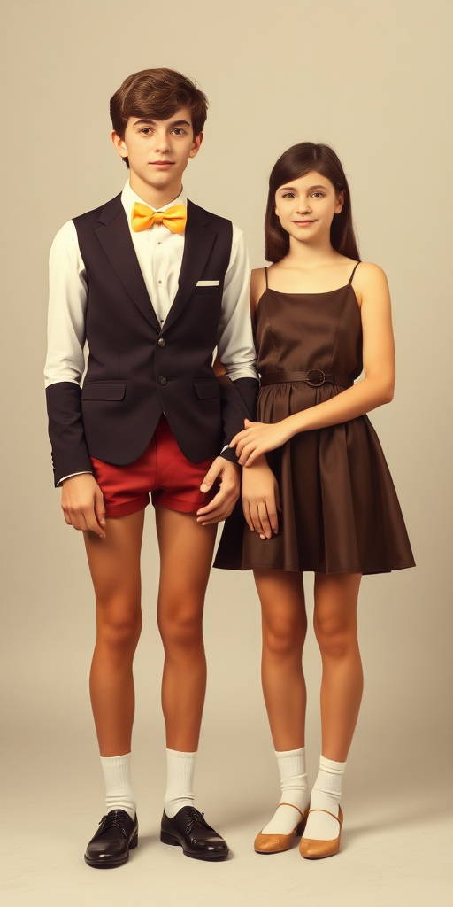 A tall 14yo teen boy, wearing bow tie, shirt, formal suit with very tight booty shorts, tube socks, shoes, long legs, narrow thighs. With a girl wearing long dress. full-length view. studio background. Family photo. 1980s. 
photorealistic, ultra high resolution, 16K,
Negative: grainy, blurry, bad anatomy, extra limbs, watermark.