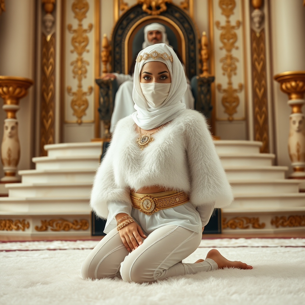 Kuwait desert palace throne room, throne raised on stair head, old overweight mighty sheik sitting on throne. In front of stairs, kneeling on white fluffy carpet: Melissa, European 17 years old very convincing femboy “trophy-bimbo”, tamed servile docile, rather short, by hormones very curvaceous womanly figured, platinum blond short tight curls, heavily made-up eyes, wearing Supertanya-style fluffy very fuzzy bright white angora turtleneck-poncho cropped ending under bust decorated with pearls and gemstones, striking oriental wide gold bridal protection belt, white fully transparent harem pants, full Oriental bridal jewelry, face covered by white sheer full Burka, coin anklets, striking diamond “$$$” letter brooch on left chest, pout frustrated, hands tied behind back, looking at camera. Focus on face and turtleneck-poncho, side perspective.