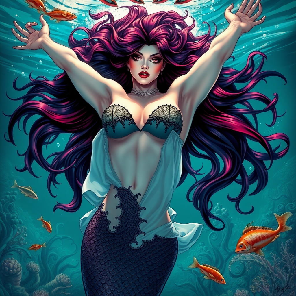 Vampirella as a mermaid underwater amazing loose flowing hair floating in a nimbus around her beautiful face her arms outstretched languidly over her head. she's looking down into the viewer's eyes making intense eye contact. loose fitting diaphanous. Burlesque. Stunning undersea life details plants and fish and other creatures of the sea. Powerful three dimensional graphic effects.