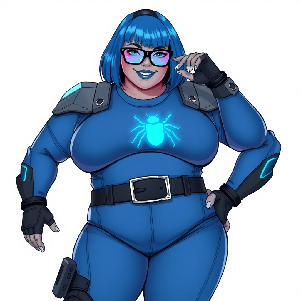 A 28-year-old, full-figured, middle gray skinned computer program hybrid with a maximum blue bob cut. She has a non-athletic build, highlighted by a prominent, round, large midsection (with heavy emphasis on her large belly). As the full-figured digital sidekick to her cyberpunk vigilante boyfriend, her middle gray metallic skin and maximum blue lipstick emphasize her digital nature. She wears a digital, computerized costume inspired by DC’s Carrie Kelly Robin, consisting of a huge, tight-fitting, maximum blue t-shirt with a neon blue glowing chest icon of a beetle, hi-tech shoulder pads with neon blue accents, a black hi-tech belt with a digital neon blue glowing buckle, digital maximum blue pants with neon blue accents, and black hi-tech fingerless biker gloves with neon blue glowing accents. Her bright blue eyes, black eyeglasses with a neon glowing blue lenses with built-in HUD, and shy smile with neon red blush accentuate her nerdiness. She stands bashfully with one hand behind her back and the other hand gently touching her cheek, her costume covering all her skin and emphasizing her full-figured physique (especially her belly). She is clearly non-athletic, with a heavy focus on her large belly. Despite her build, she radiates beauty. She has a slim face compared to her physique, accentuating her radiant beauty. She is on a solid white background. She is drawn as if she were in a retro 2D cyberpunk fighting game.