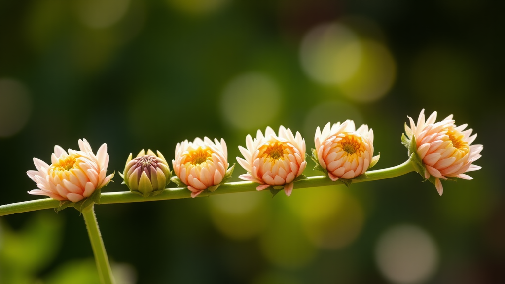 Create an image that looks realistic, featuring beautiful chrysanthemum flower buds arranged naturally in a row with five buds placed one by one on a single stem. The background should be out of focus, with sunlight shining softly and naturally.