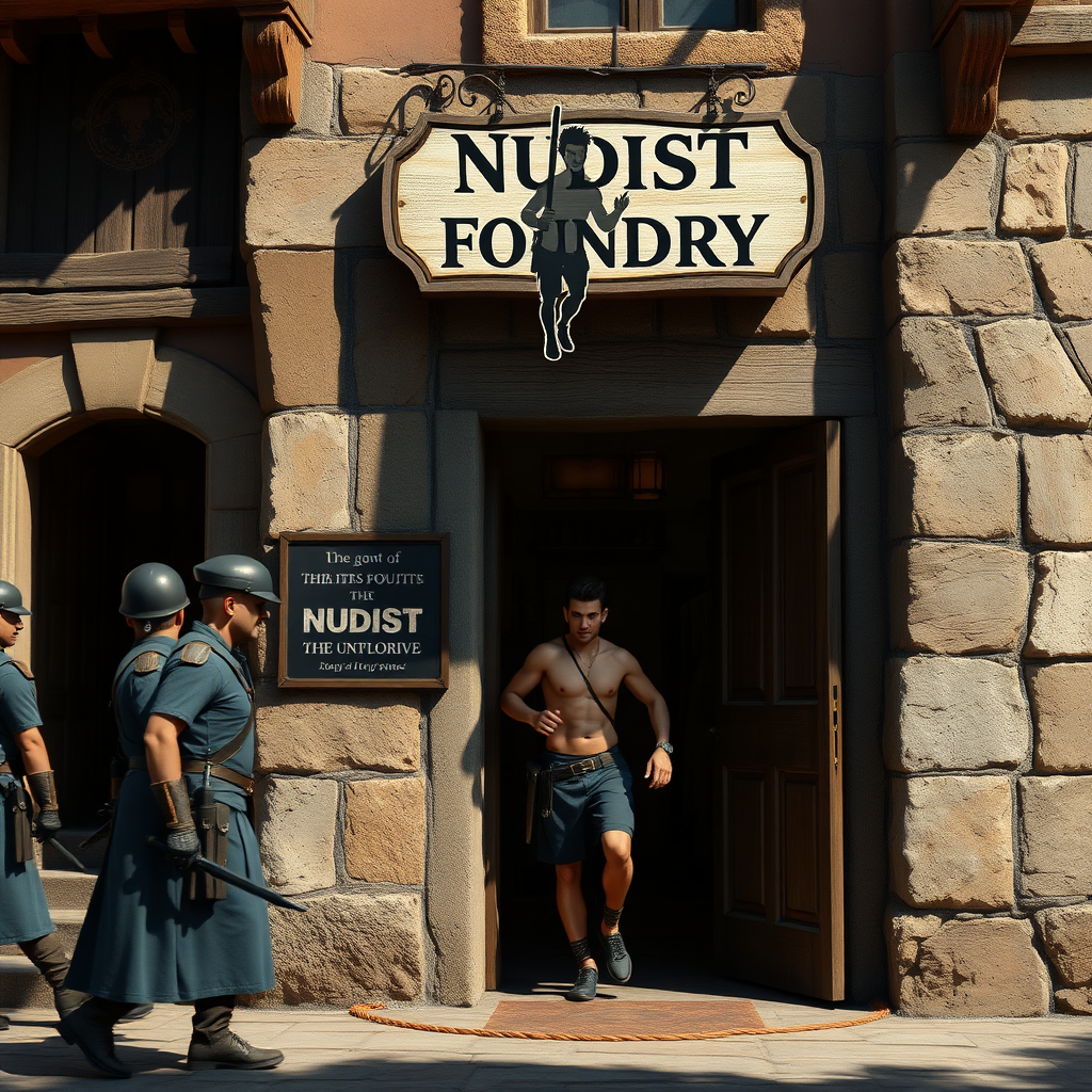 A city street in a fantasy village. Adventurer hastily leaving the door of a shop. Sign above the door says "Nudist Foundry" with a sign consisting of a silhouette image of a man holding a short pole with both hands pointing away from his midsection in a humorously erotic manner. City guards walk by, photorealistic matte painting.