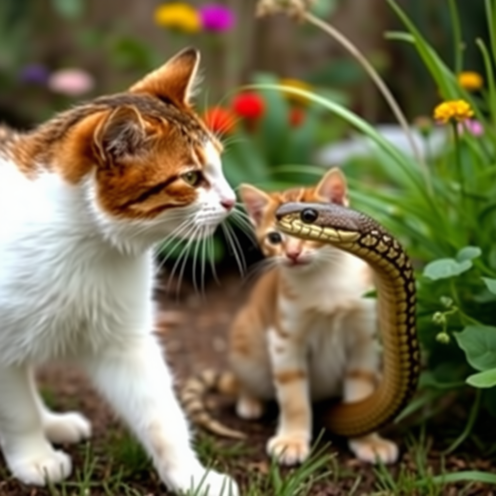 In the garden, a mother cat and a snake are standing face to face, with a kitten hiding behind the mother cat. The shot is a panoramic view, taken from the side, in a realistic style.