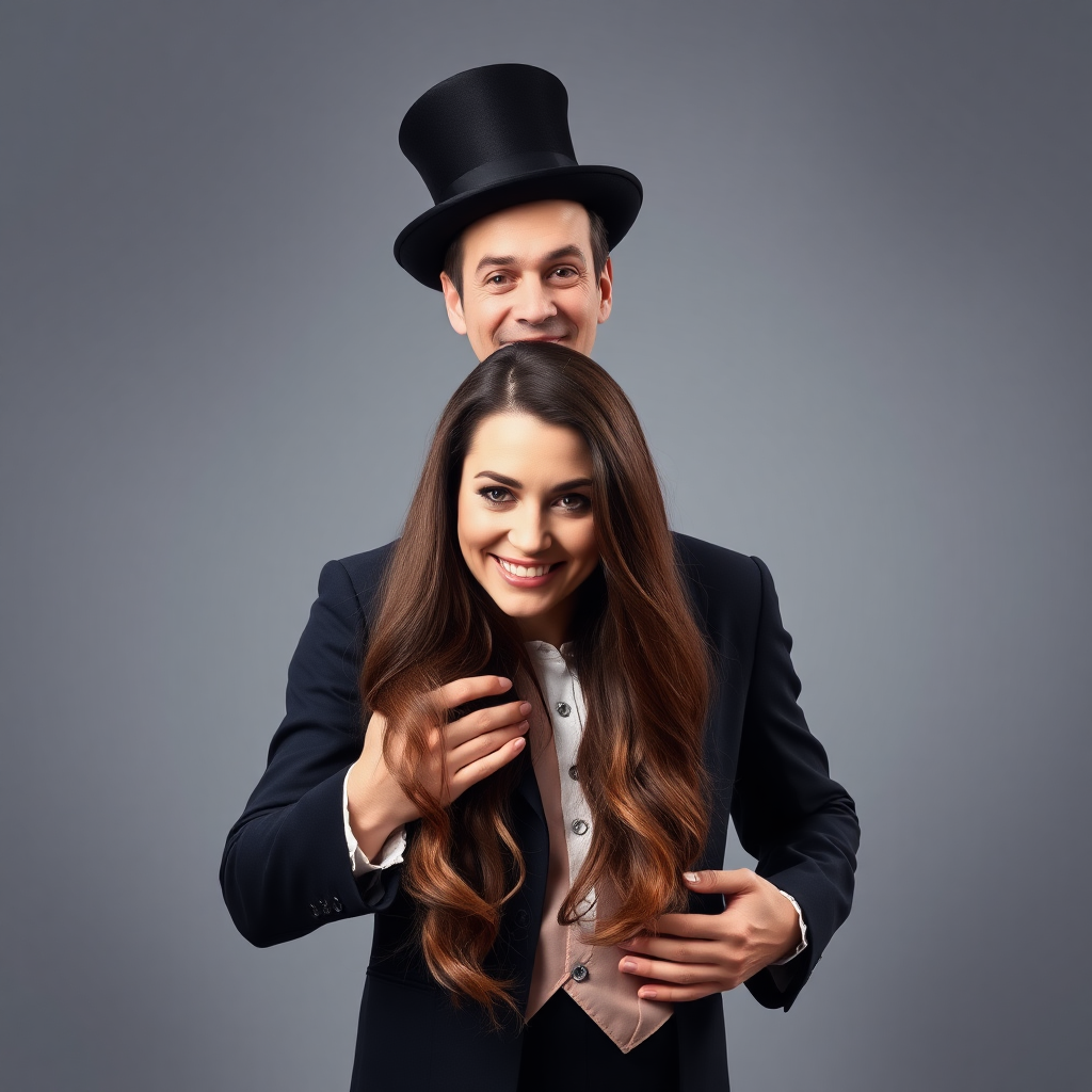 A surreal image of a smiling male magician holding the disembodied head of a very long haired Kate Middleton in front of his crotch. Plain gray background.