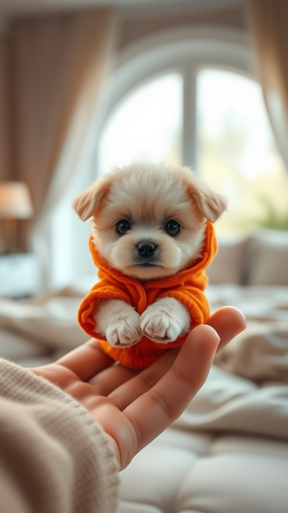 For creating a prompt to generate an image like the one you've uploaded, here's a detailed prompt for the tiny puppy:

Prompt for Art Generation: "Create an ultra-realistic, high-definition image of a miniature fluffy puppy. The puppy should be incredibly small, fitting perfectly in a person's fingertips. It should have soft, cream-colored fur with big, round, expressive black eyes. The puppy is wearing an orange hoodie, giving it an extra cute and cozy look. The setting should be a soft, cozy bedroom with a neutral palette, blurred in the background to highlight the adorable tiny puppy. Ensure the image captures the puppy’s cuteness and the softness of the setting, with soft lighting coming through a large window in the background."