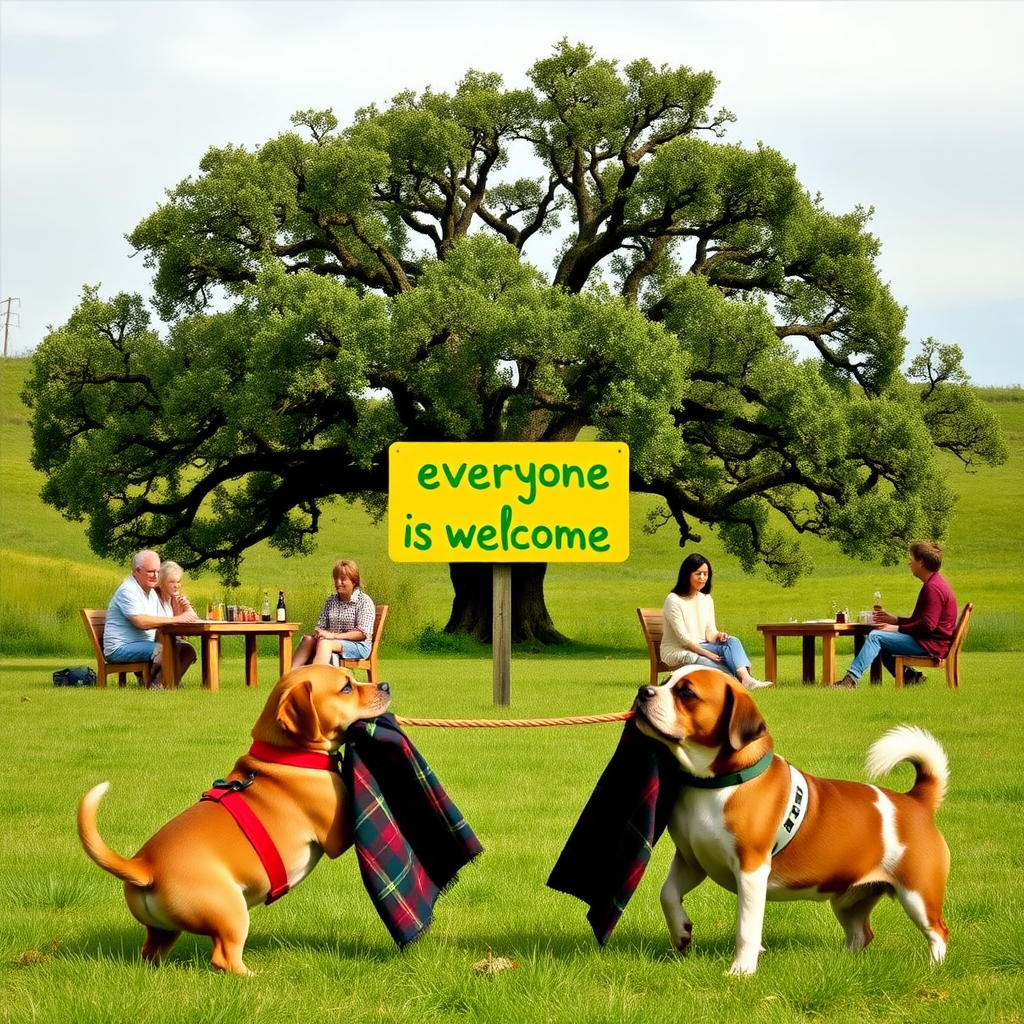 An oak tree standing alone in a grassy field. Two different groups of people are having picnics near it. One group has 3 Caucasians. The other group has 4 Asians. In the middle is a sign that says “everyone is welcome” in green text on a yellow background. Two small dogs in the foreground are playing tug-of-war using a tartan blanket in their mouths.