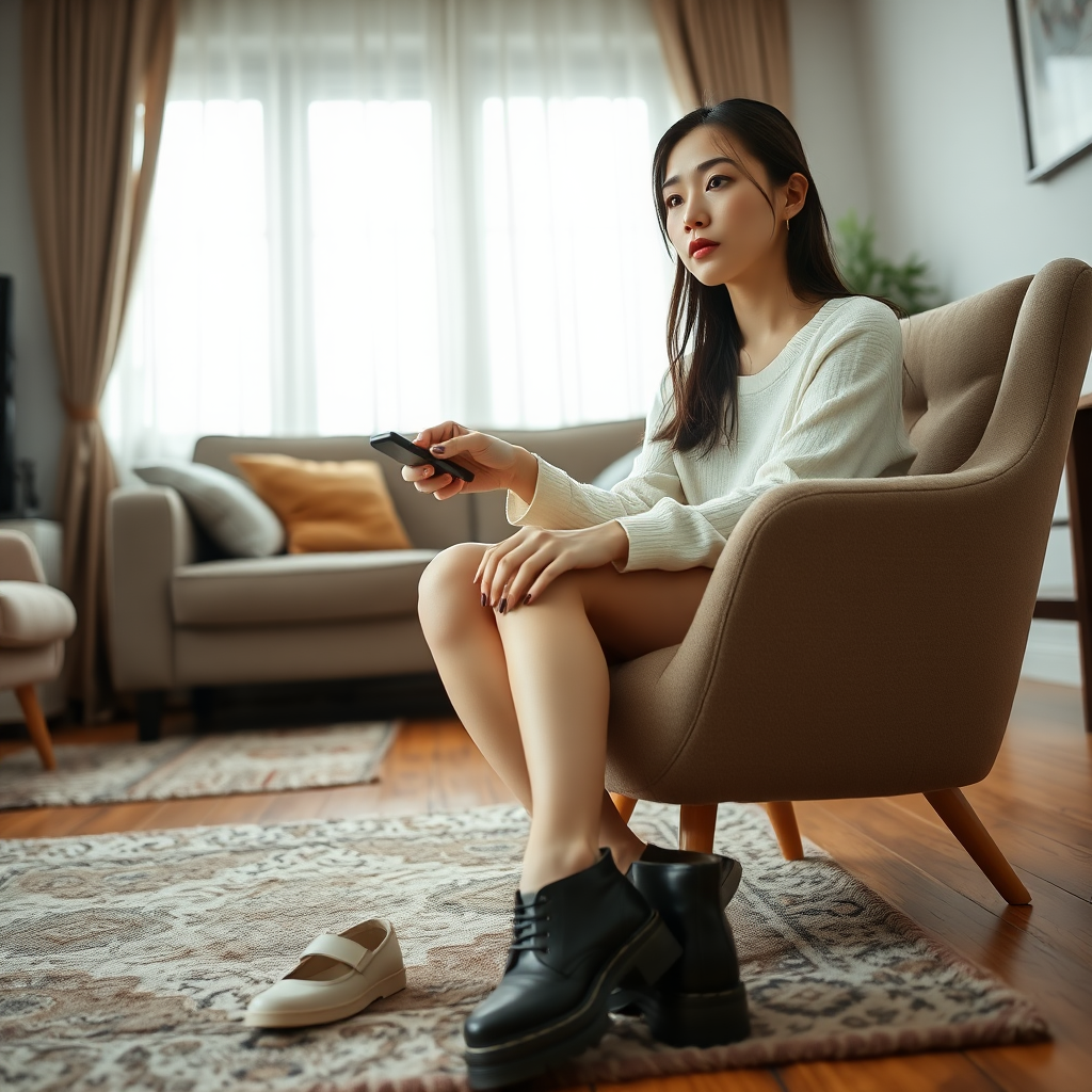 photo low angle full body shot beautiful xiaomeimei looking ahead. She is sitting on a chair in a living room. she looks tired. she is pressing a button on a remote control. there rug on the floor in front of the chair. her shoes lie on the rug