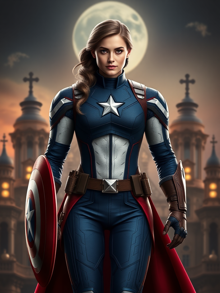 Create a full-length rendered image of Captain America, using the female figure of Snow White for the body. Retain Captain America's head, hairstyle, and facial features. Integrate elements of Snow White's costume into Captain America's attire, adjusting it to fit the new proportions. Design the background inspired by both characters, incorporating iconic symbols and settings that reflect their worlds, merging the heroic and fairytale atmospheres seamlessly. Ensure the image captures the strength of Captain America alongside the whimsy and charm of Snow White, resulting in a unique and visually striking character fusion.