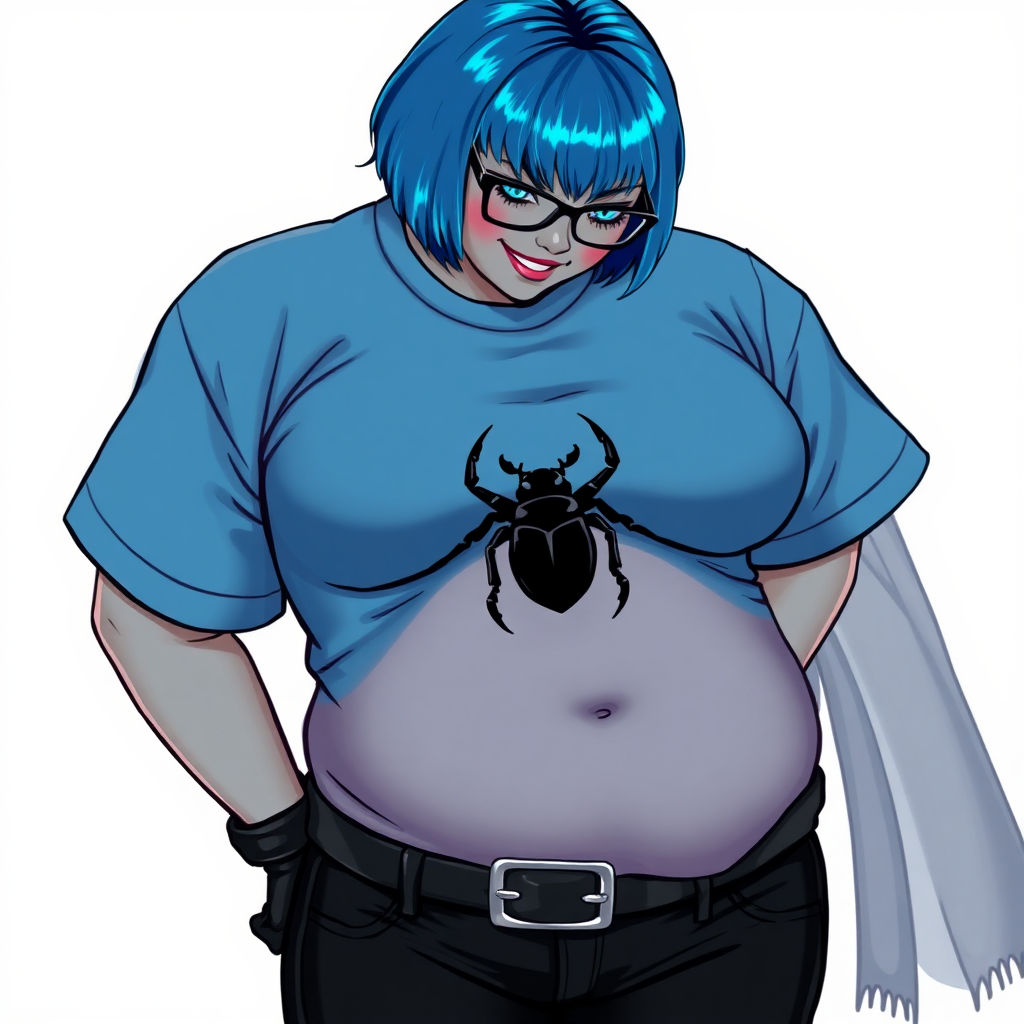 A 28-year-old, full-figured, metallic middle gray skinned computer program hybrid with a short maximum blue bob cut. She has a non-athletic build, highlighted by a prominent, round midsection (with a focus on her round belly). As a digital sidekick to her cyberpunk vigilante boyfriend, her middle gray metallic skin and maximum blue lipstick emphasize her digital nature. She wears a large, tight-fitting, maximum blue t-shirt (accentuating her belly) with a black chest icon of a beetle on its chest, black pants, a black belt with a sapphire scarab buckle, and black gloves. Her bright blue eyes, black eyeglasses, and shy smile with neon red blush accentuate her nerdiness. She bashfully bows her head with her hands behind her back, her t-shirt covers her midsection (especially her belly) and emphasizing her full-figured, non-athletic physique. She is on a solid white background. She is drawn as if she was in a retro 2D cyberpunk fighting game. She is clearly non-athletic, with a focus on her full figure. Make sure her outfit covers all of her bare skin (especially her midsection).