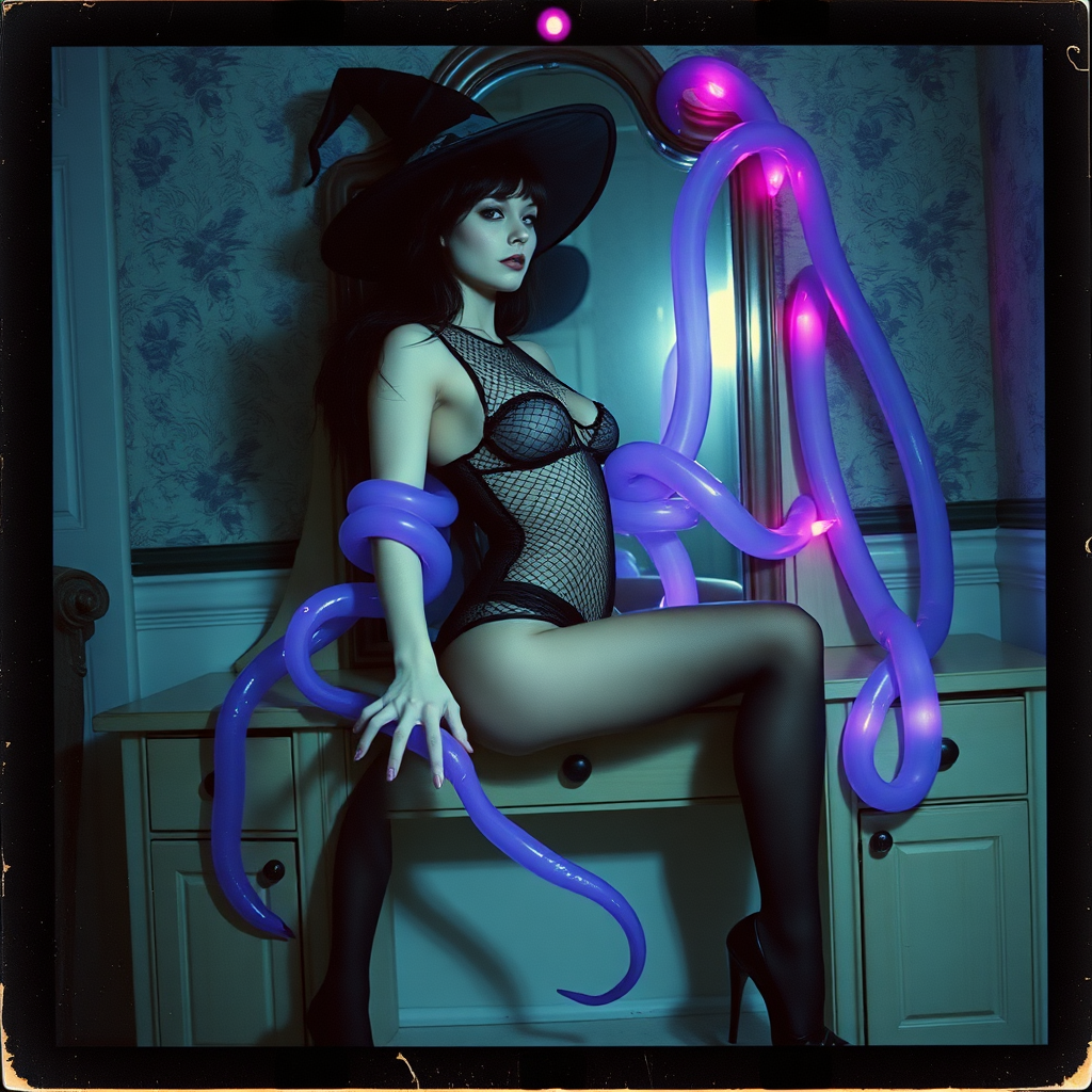 Scan of an nsfw old polaroid photograph with visible wear and heavy vignetting and blue color tint and light leaks, depicting a sexy pale curvy alt goth girl with black hair wearing skimpy fishnet black bodysuit and gstring revealing her nipples and wearing black stockings and high heels, sitting on a builtin vanity with mirror in old house with wallpaper on walls with her knees spread apart.  Camera flash used.  Dark lighting.  Moody and hazy.  Grunge look.  Erotic.  Nude. Pink Christmas Lights on wall.  She is wearing a witch hat and is being restrained by giant glowing translucent slimy purple tendrils coming from inside the mirror, wrapping tightly around her arms and legs and torso.  The tendrils are pulling her back towards the mirror.