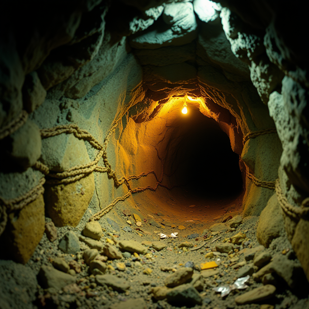 highly detailed realistic 35mm fantasy movie still photograph of Even a bit of daylight entering through a crawl space or a torch will reveal that this is an unusual tunnel. Bright, brilliant colors are to be seen everywhere, the stones and pigments undimmed by the passage of decades.