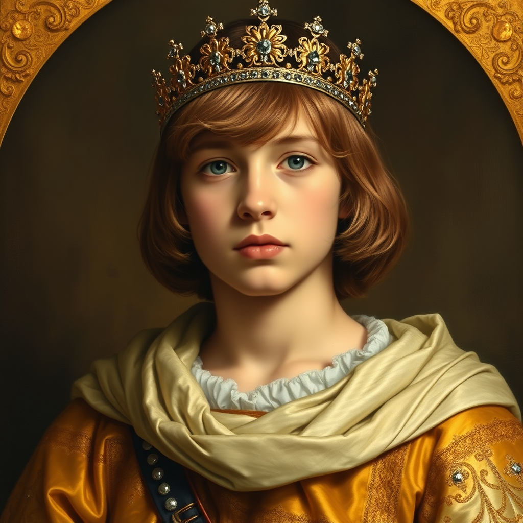 16yo teen boy prince, long bob cut, embroidered with gold and diamonds medieval cloths, diamond diadem, and Beautiful War. Free style by Adolphe William Bouguereau, Academic realism. The background is in the style of landscape style by Antonio del Polaiolo, Generating the signature at the bottom: Viva FLUX & Bach, ultra high resolution, 16K,