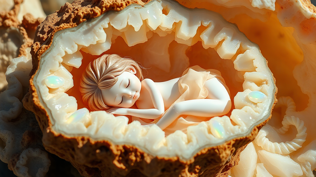 porcelain doll made of opal sleeping in a geode, high quality photo, intricate environment, ultra-detailed, impressionistic, dynamic composition, artistic photograph, geode, alabaster, fractal, brilliant colors, glittering, sunlight, illumination, transparency, translucent, opal