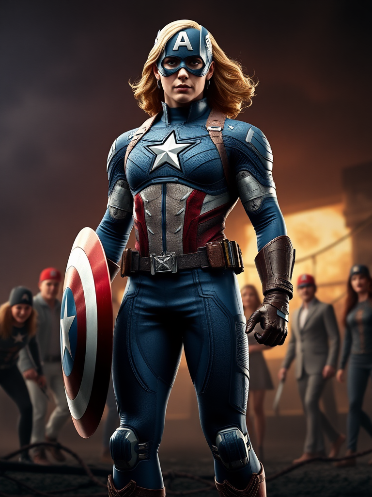 Create a hyper-realistic full-length render of Captain America featuring the body type of Power Girl. Maintain the original head while modifying the silhouette to reflect Power Girl's physique. Position the character in a background that harmoniously blends elements relevant to both characters, capturing their heroic essence. Focus on details such as costume textures, lighting, and shadows to enhance realism, ensuring the final image showcases both strength and personality.