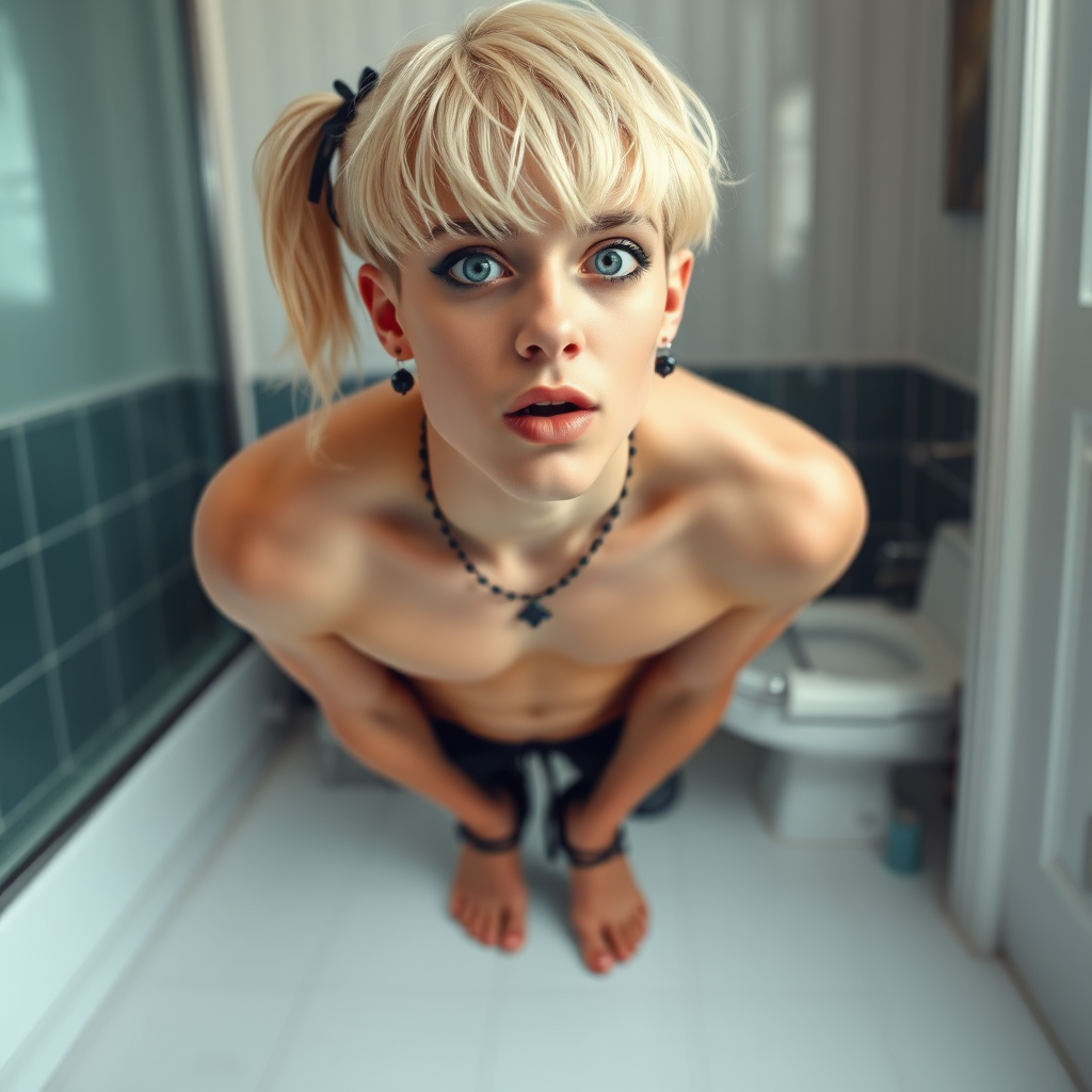 photorealistic, ultra high resolution, 16K, surreal fantasy, soft studio lighting, Caleb Swift is a pretty 16 year old goth male, slim male physique, blonde hair, blue eyes with enlarged pupils, goth makeup, earrings, princess clothes, sheer pantyhose, standing on the floor of the bathroom, excited mouth, full body front view of Caleb facing the camera.