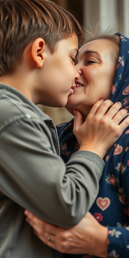 a boy kiss his mother