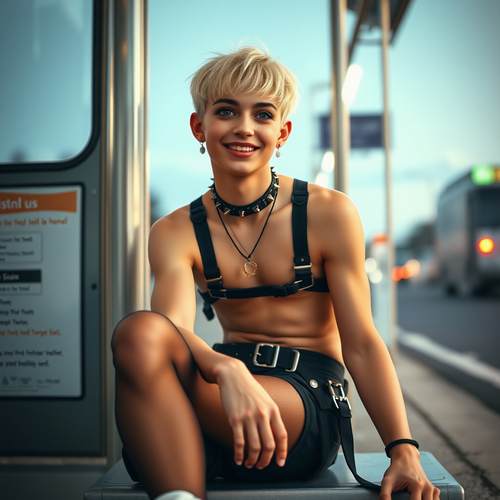 photorealistic, ultra high resolution, 16K, surreal fantasy, studio lighting, a pretty 16 year old goth boy, slim male physique, short blonde hair, goth makeup, earrings, pantyhose, harness, spikey dog collar and leash, trainer-bra, white ballet shoes, sitting at the bus stop, excited smile, facing the camera.