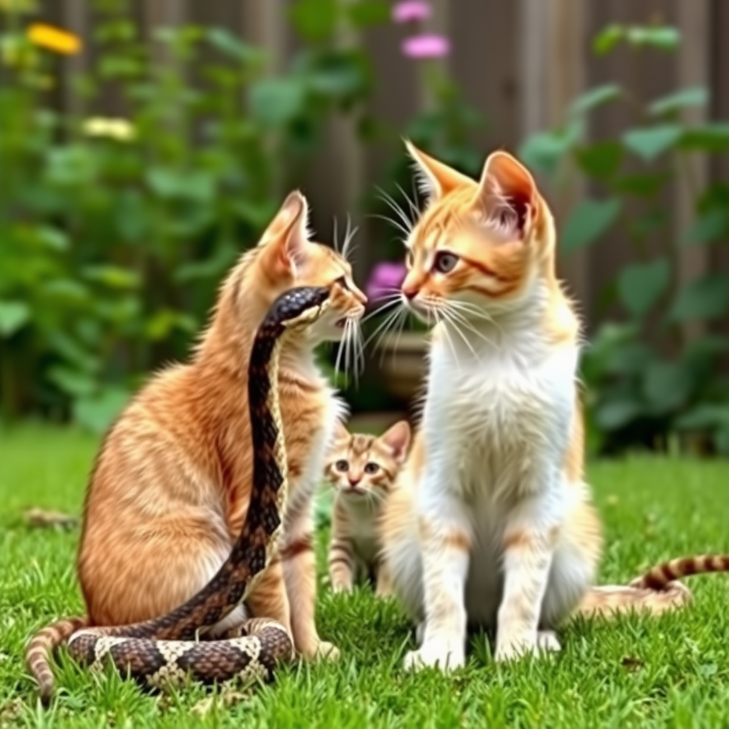 In the garden, a mother cat and a snake are standing face to face, while a kitten hides behind the mother cat. It's a panoramic shot taken from the side, in a realistic style.