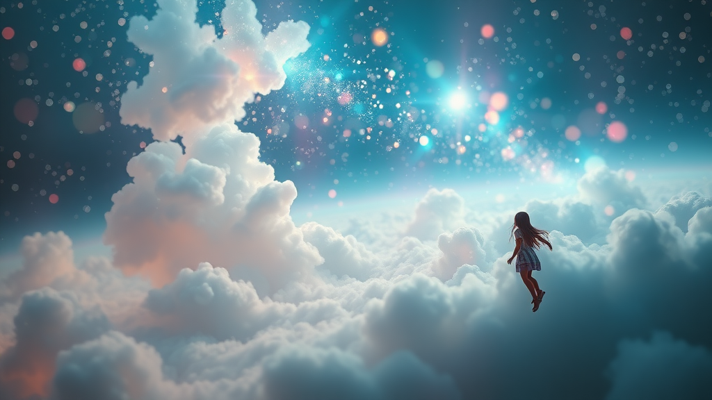 mandelbulb clouds, microscopy, Low Key Lighting, dreamscape, nebula, Bokeh, abstract, brilliant colors, glittering, translucent, iridescent, glowing, artistic photo, panoramic, airy, original, experimental, fractal, generative art, calm, preteen girl floating in the distance