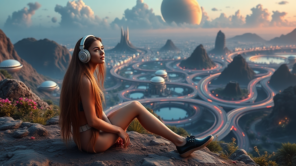 Pretty woman with long hair, sitting on the ground with headphones on an alien planet with a futuristic city, nice greenery, flowers, and waterscapes, and nice evening clouds, highways and streets, ultra realistic view and ultra high cinematic detail.