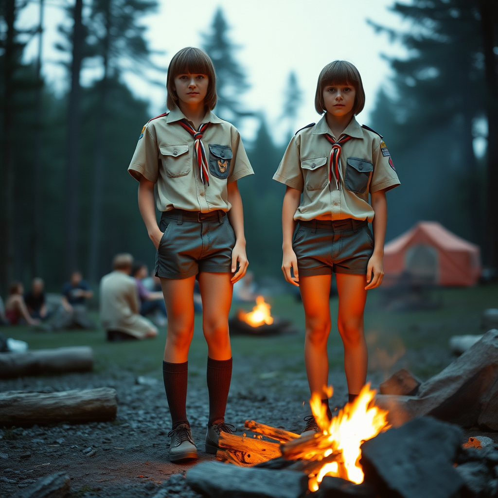 two tall 14yo teen boys, long bob cut, wearing American boy scout uniform with uniform matching very tight booty shorts, tube socks, shoes, long legs, narrow thighs. a campfire. full-length view. 1980s. photorealistic, ultra high resolution, 16K, Negative: grainy, blurry, bad anatomy, extra limbs, watermark.