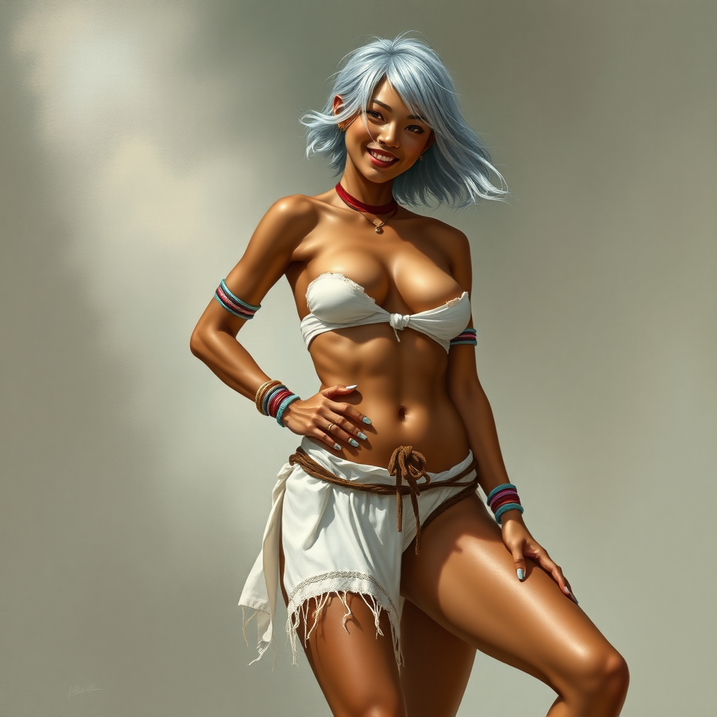 Uncommonly tall for a woman; being 6' (183cm) tall. She has brown skin and short flowing silvery hair. She is barefoot and has long, powerful legs. She has abs and is muscular. Her fingers and toenails are painted sky-blue. Her attire consists of a white primitive scant revealing two-piece bikini-like outfit with pale red, sky-blue, gold and purple bands on her neck, arms, wrists, shins, and ankles. fantasy painting high contrast, symmetrical proportional asian face. well-drawn, highly detailed, and beautiful rendering. One hand holding hips, joyful smile, exaggerated tilted sexy pose.