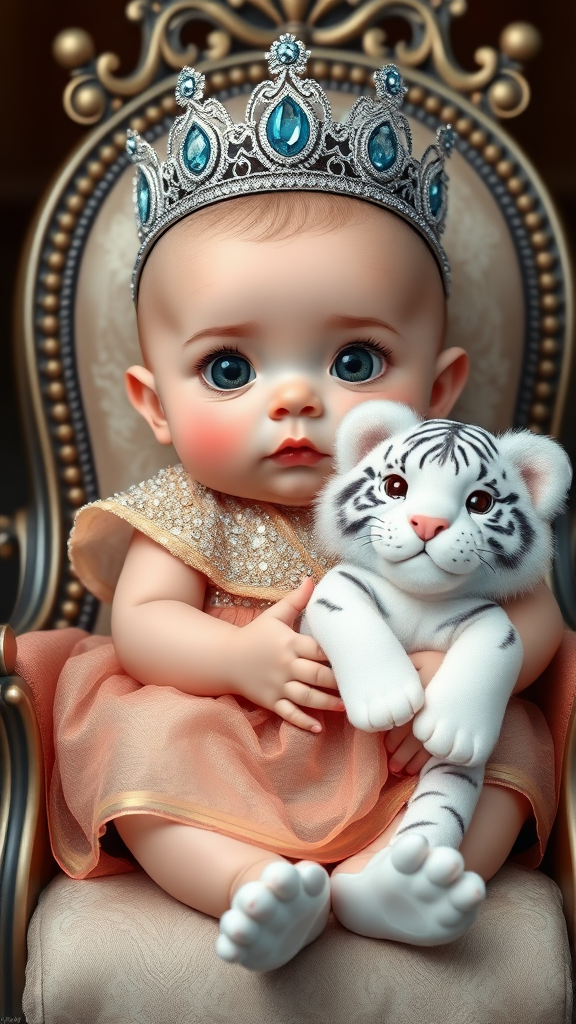 A cute small chubby fair baby with big eyes, pink lips, and pink cheeks wearing a royal sparkling frock, sitting on a throne while holding a white fluffy cute tiger.