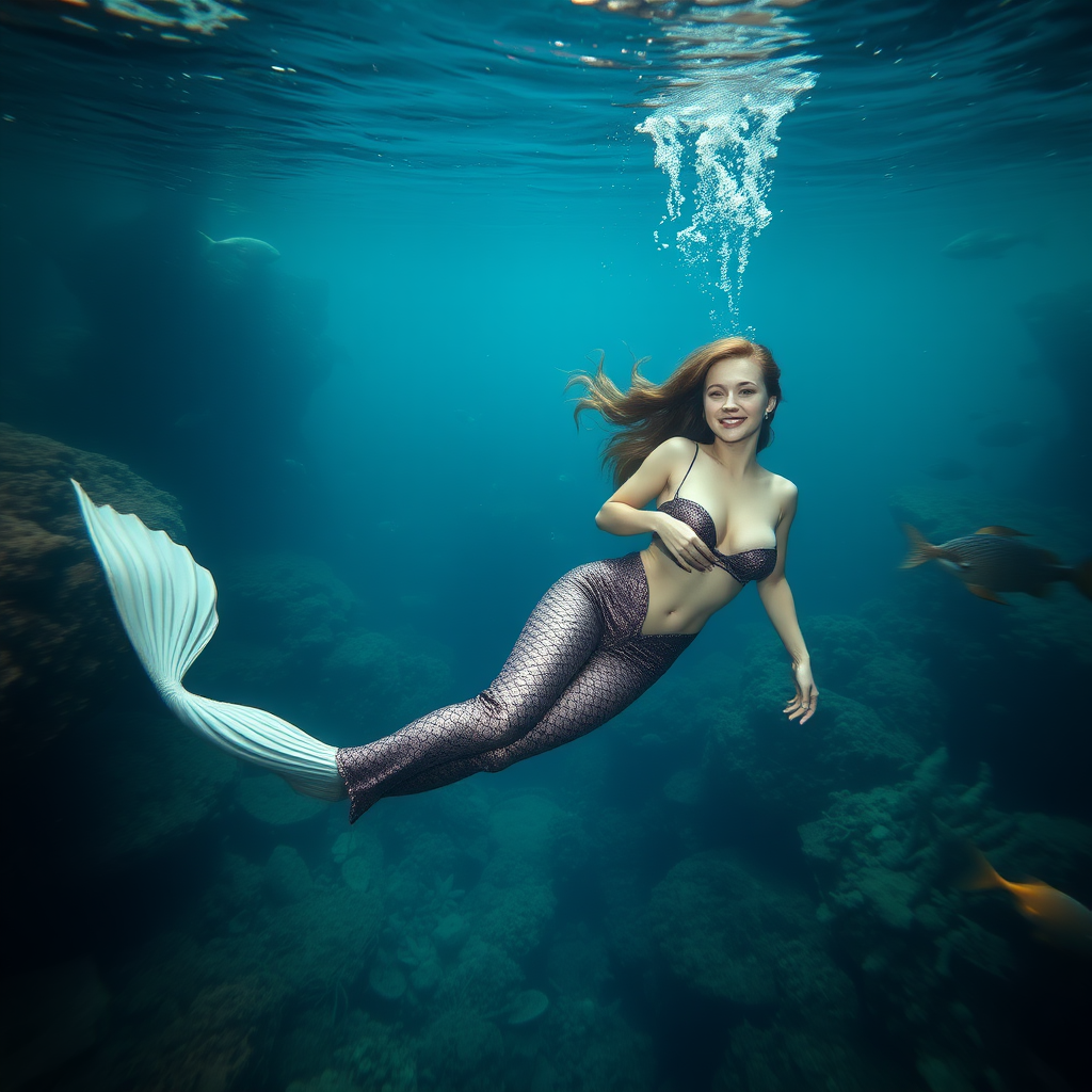 Sookie Stackhouse floating underwater as a very sexy mermaid. The sea is deep and mysterious and filled with a myriad of ocean life plants, fish, and other aquatic life.