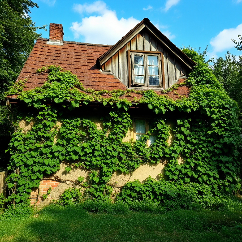 the text "Te23A" formed out of vines growing on an old house