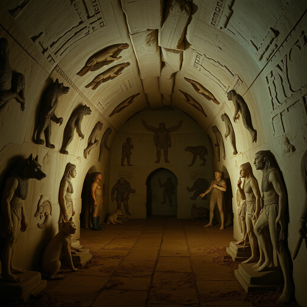 highly detailed realistic 35mm fantasy movie still photograph of In the tomb no stonework can be seen on the walls or the ceiling 20' above, for some sort of cement or plaster has been smoothed over all of these surfaces and then painted with figures of wolves, humans, orcs, elves, and strange human-animal mixture pig-human, ape-human, and dog-humans