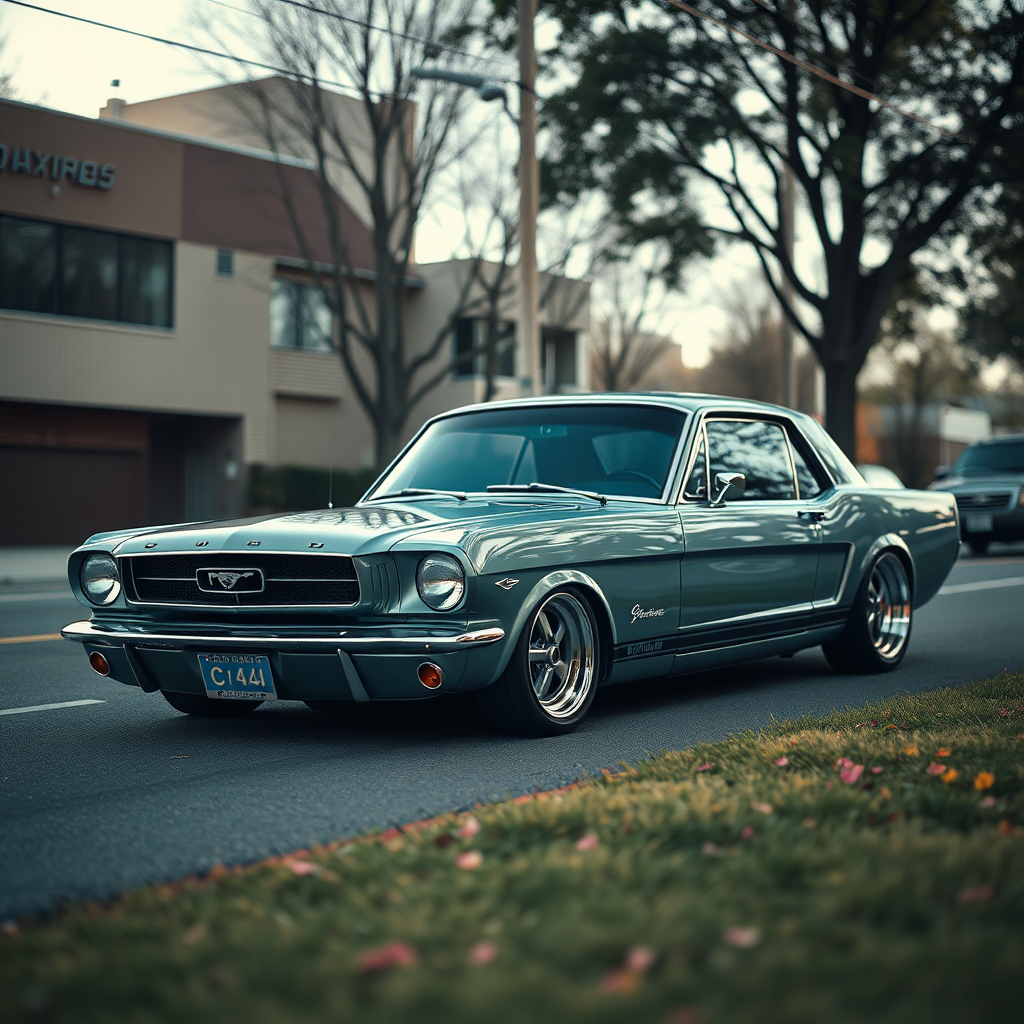 the car is parked on the side of the road, inspired by Taiyō Matsumoto, tumblr, restomod, nd4, c4 metallic shine classic american low rider ford mustang