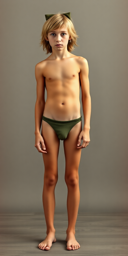 A skinny 14yo teen boy, long hair bow cut, wearing tight narrow thong, long legs, narrow thighs. full-length view. 1970s. photorealistic, ultra high resolution, 16K, Negative: grainy, blurry, bad anatomy, extra limbs, watermark.