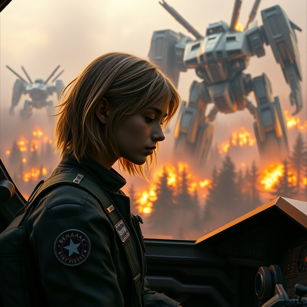 A girl with face like (Ana de Armas), pale, no makeup, messy shoulder length strawberry blonde hair, athletic, wearing a flight suit, "Benaenae" badge on the pocket. She is in a mech cockpit looking down at controls, and there is an intense battle in the background between giant robots towering above the trees of a forest on fire. Hyperrealistic, dawn, film grain.