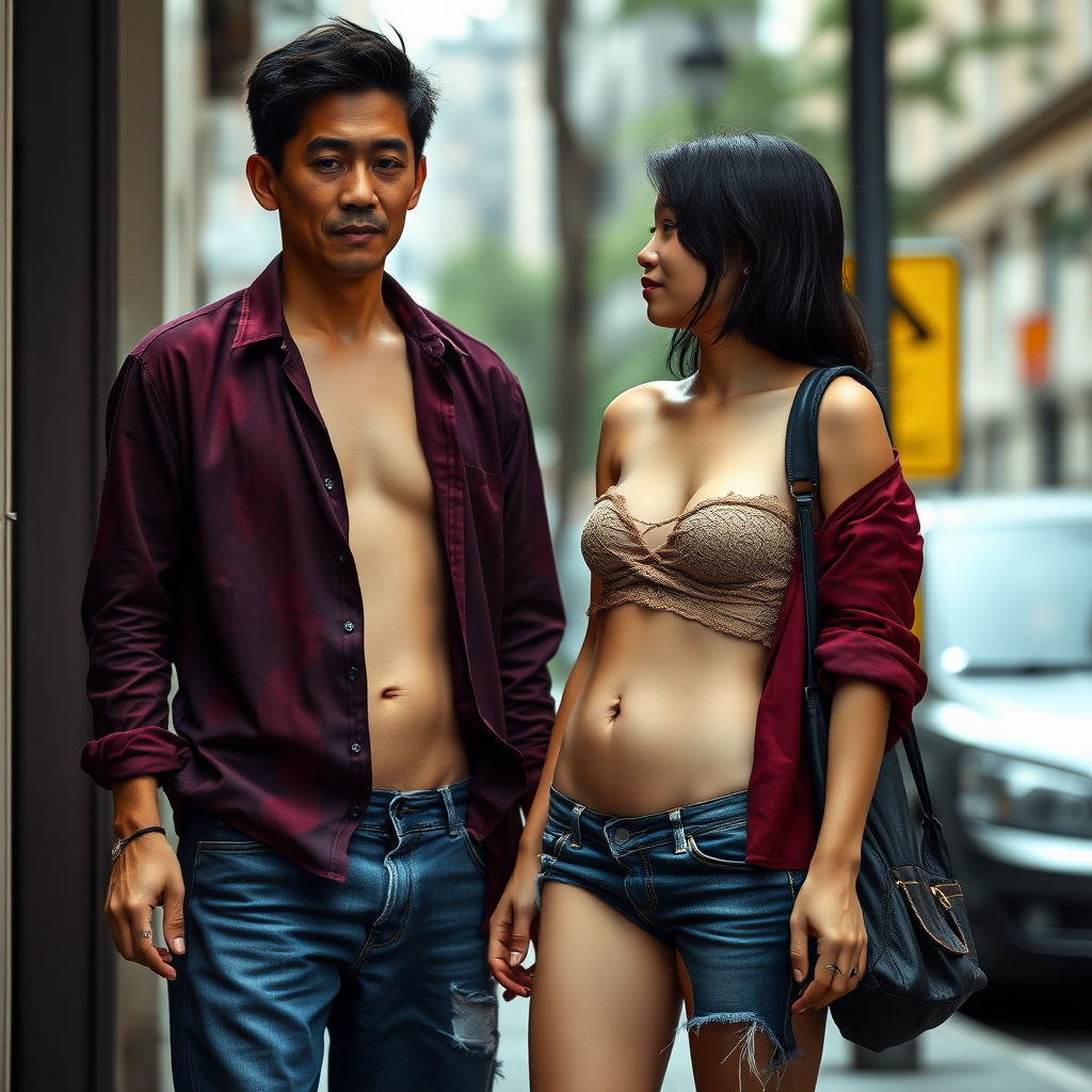 A young loving but unkempt, neglected, homeless, and slightly undernourished Asian woman, with smooth, deep black hair, looks as if she comes from another world and is depicted as a complete person with maximum allowed nudity. She is to be portrayed largely without clothing since she is slim and has an athletic body. The Asian woman has a very beautiful, normal, youthful yet feminine physique. Her slender figure is enviable! Her sad, hopeless, and mystical facial expression is meant to dominate the image. Her skin is healthy but unclean, as she hasn't been able to wash for days. Out of fear of her potential unpleasant smell, her feelings of shame are intensified! The Asian woman wears a torn, old, completely transparent, extremely short, and crop top, along with a completely ripped, tattered, thin pair of shorts. A noticeable sense of shame is evident on her face. No smile is visible. She is overwhelmingly ashamed. She is to be depicted with a small, flat belly button! The belly is always fully visible. She has a noticeable wound on her face and looks as if she is about to cry. She appears pitiable, sad, and utterly hopeless! It seems as though she is afraid of something! She is crying in the end. Beside her stands a 60-year-old German man. The German man looks as if he is 45 years old and is a well-groomed man. He looks at the Asian woman as if he is offering her help. The German man is clean-shaven and slim, has a normal fashionable haircut, and his hair is dark brown. He wears a new nice but simple burgundy shirt with a subtle pattern and new dark blue jeans. The German man looks sympathetic, smiles slightly, and gazes at the Asian woman kindly, as if he feels great pity for her. The Asian woman cannot look the German man in the eyes out of embarrassment, but it can be inferred that she likes him. The weather is hot. The scene takes place in the city.