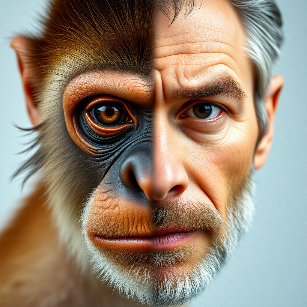 Face front.  
Left side of a monkey's face and right side the face of a man.  
Two faces in one.