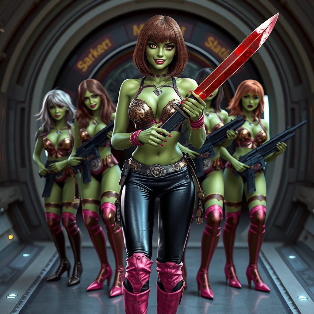 Tall, beautiful green skinned woman. Her brown hair is in a shag-cut style. Her eyes are gold. She is dressed in an ornate metal bra. She is wearing black leather pants, with pink knee high boots. She is holding a large, bloody dagger in a threatening manner. She is smiling. A sci-fi looking gun is holstered at her hip. Four other green-skinned women, dressed in metal bikinis, each carrying a weapon, stand with her. They are at a sci-fi looking space-port.