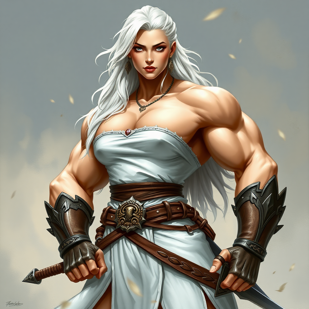 massive huge muscular jacked strong bodybuilder girl, white strapless dress, warrior princess, white hair, sword