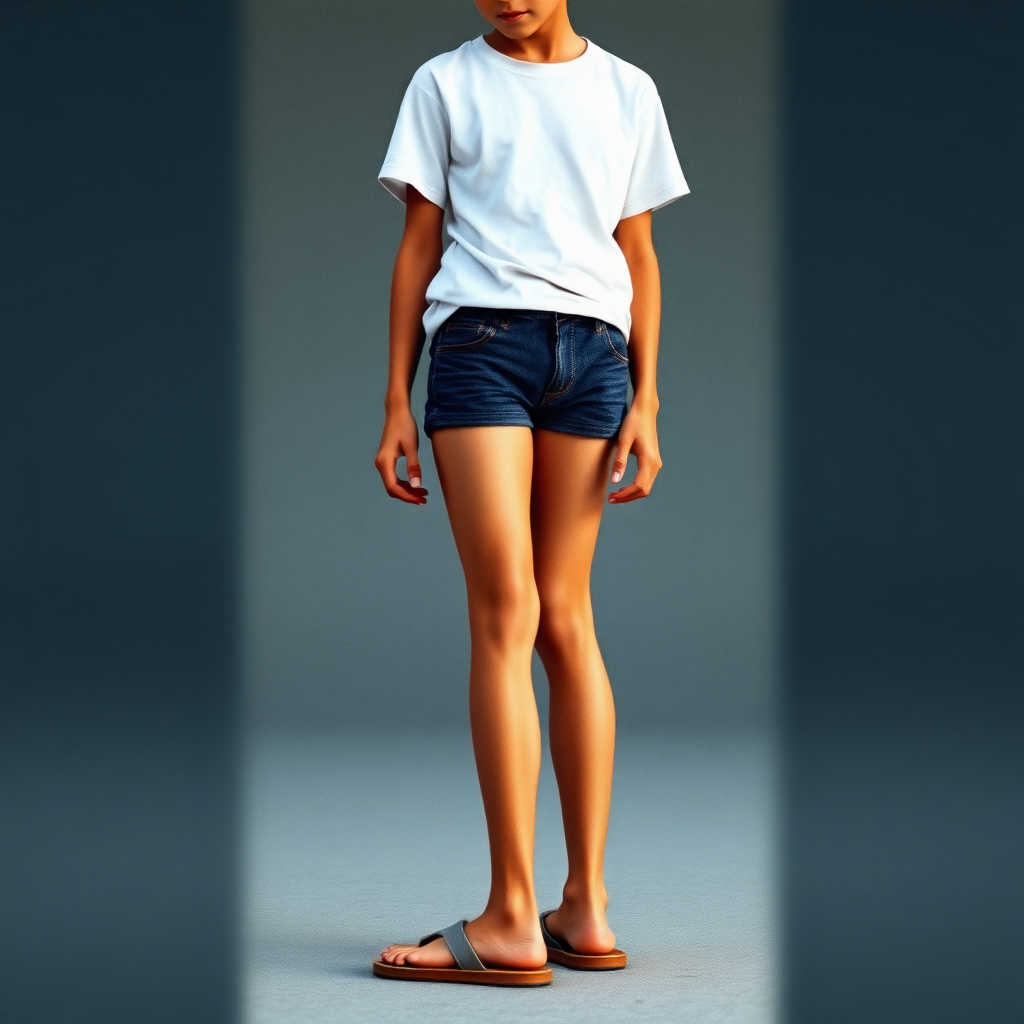 photorealistic, ultra high resolution, 16K. A skinny 14yo teen boy wearing t-shirt, tight booty shorts, sandals. Long legs, bare thighs, narrow hips. 1980s.
Negative: grainy, blurry, bad anatomy, extra limbs, watermark.