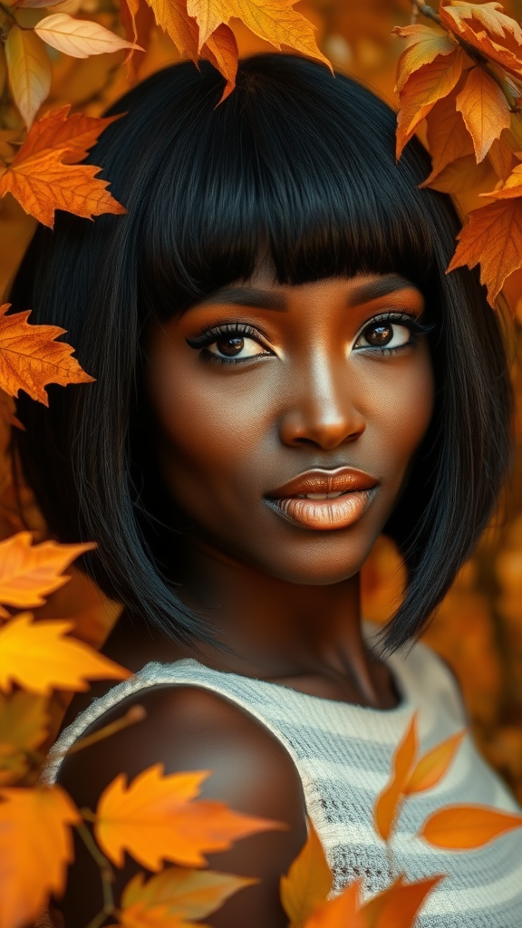 Beautiful model Naomi Campbell with a bob haircut, surrounded by autumn foliage, in high definition.