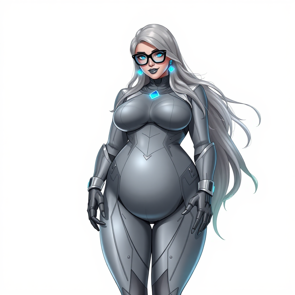 A 29-year-old computer science major, she is the devoted girlfriend of a vigilante and serves as his dotingly pampered, full-figured, nerdy, Middle Gray (N5) metallic digital sidekick. She is now a Computer Program hybrid, with a unique, metallic Middle Gray (N5) skin color that blends with her suit and hair, appearing to merge together as computer data. Her long hair, suit, and skin are all the same metallic Middle Gray (N5) all blending together to appear to merge as computer data. Her neon blue eyes are mesmerizing. Her full figure, especially her prominent, round, gargantuan midsection, shows just how heavily fed and pampered she is, with sequoia-sized limbs and broad shoulders.

As a loyal and supportive sidekick, she plays a crucial role in their missions, using her digital prowess to assist and protect. She wears a blue sapphire scarab necklace and blue sapphire earrings, which she received as symbols of their love before his 5-year disappearance. Her digital, computerized bodysuit, also the same metallic Middle Gray (N5), blends with her skin and hair (appearing to merge together like computer data). She is equipped with high-tech features, including holographic displays and integrated hacking tools. She has matching high-tech gloves. She emits neon blue data cubes from her body, set against a solid white background.

Heavily, attentively, and immensely pampered through being well-fed since their reunion, her full figure clearly shows the extent of care she has received. Despite her digital enhancements, she retains her human vulnerabilities, including hunger and sleep, and is not immune to human weaknesses. She has the ability to hack into computers and machines, and her nerdiness is blatantly obvious with her black oversized eyeglasses. Her full figure, especially her gargantuan midsection, is prominently displayed and heavily emphasized. Her outfit, influenced by DC’s Jennifer Knight Phantom Lady, remains distinct.

Despite her boyfriend’s limited resources, she assists in the war on crime by serving as a minicomputer, traveling in a high-tech wristwatch and supercar’s computer system. Using her hacking abilities, she relays crucial knowledge related to missions. She has a beaming smile. She is drawn as if she was in a retro 2D cyberpunk fighting game.