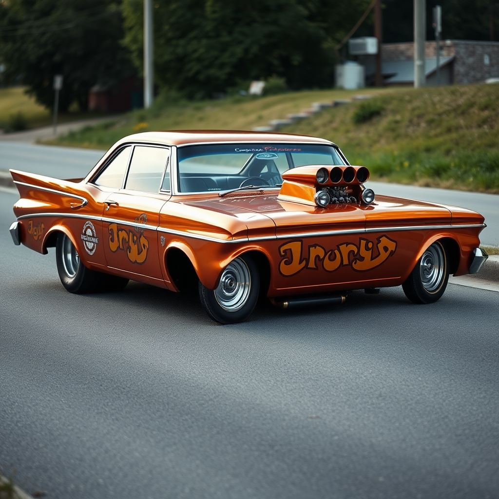 The drag car is parked on the side of the road, inspired by Taiyō Matsumoto, tumblr, restomod, nd4, c4 metallic shine classic american low rider custom paint ford alev desenler