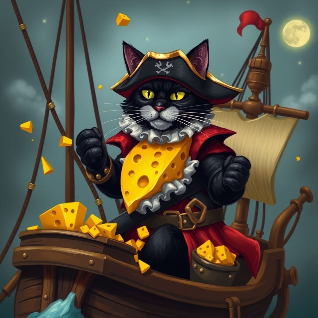 Black cat pirate Captain with treasure cheese filled with cheese on a pirate ship, steampunk