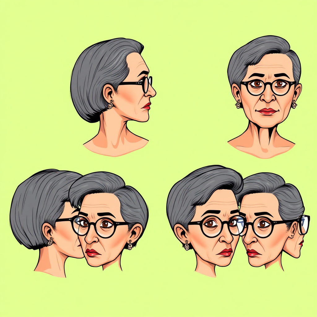 Photorealistic image of six headshots of a 50 Years old, European, Latina, sharp aquiline nose, wrinkles, high cheekbones, Middle Eastern, Skinny, Tanned skin, Dark light skin, full Makeup, jewelry, Sharp nose, frowning, astonished, shocked, dark grey Ash hair, short bowl haircut, Brown eye color, round Glasses, with detailed features. Each photo displays the same face in back, profile and front view, cut out and isolated on a green background. All six heads are visible side by side, empty space around each view, no overlapping. 2D, caricature, cartoon, Sketch lines, coloring book style, well composed, clean coloring book page, No dither, no gradient, strong outline, vector illustration.