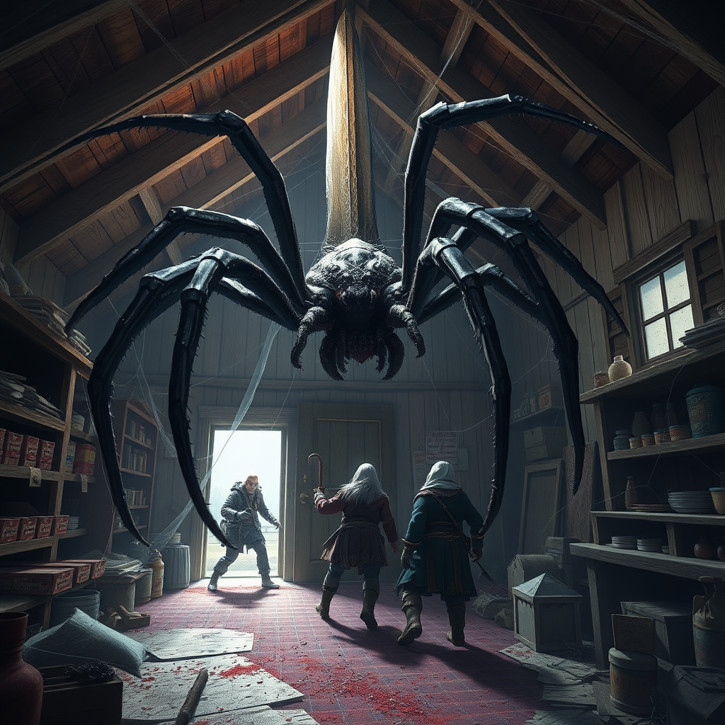 a sword spider as big as a human, the attic of a farmhouse, and several adventurers getting stabbed by sharp legs. One adventurer fleeing through a doorway only to be caught by webs. shelves knocked over with goods spilled. digital matte painting. smaller spider swarms everywhere.