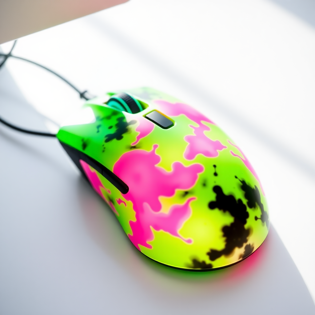 A crazy pastel toned computer mouse in neon lime green, pink and black, with cloudy patterns, attached to computer through wire, white backdrop with sunlight, beautiful, photography, Taken with a Canon E05 R camera with 50 mm f/ 1.8 lens and f/ 2.2 aperture. 8k resolution, photography, photorealistic, photogenic, hyperrealistic, hyper-photo-realistic.