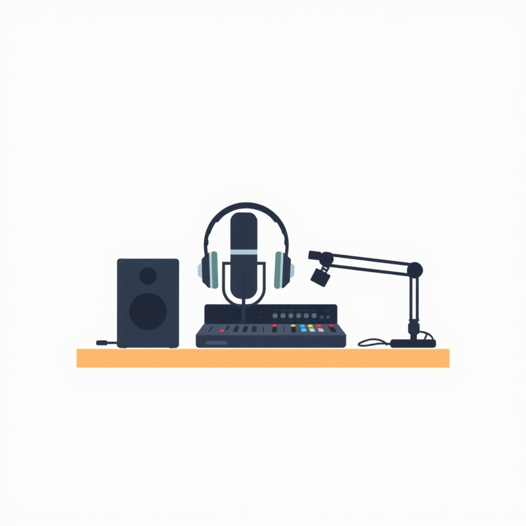 A minimalist, flat design illustration of a podcast setup. The image should include a microphone, headphones, and a sound mixer or audio interface on a simple desk or tabletop. The background should be a plain, neutral color like white, gray, or light blue. The overall style should be clean, modern, and visually appealing as a generic stock image for podcasting.