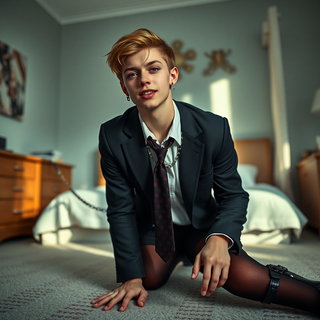 photorealistic, ultra high resolution, 16K, surreal fantasy, soft studio lighting, Tyler Swift is a pretty 18 year old goth male, slim male physique, auburn hair, goth makeup, earrings, shiny black pantyhose, school uniform shirt tie and blazer, Mary-Jane shoes, spikey neck collar chain and leash, on all fours in the bedroom, his boyfriend is holding the end of the leash, in daylight, excited smile, facing the camera.