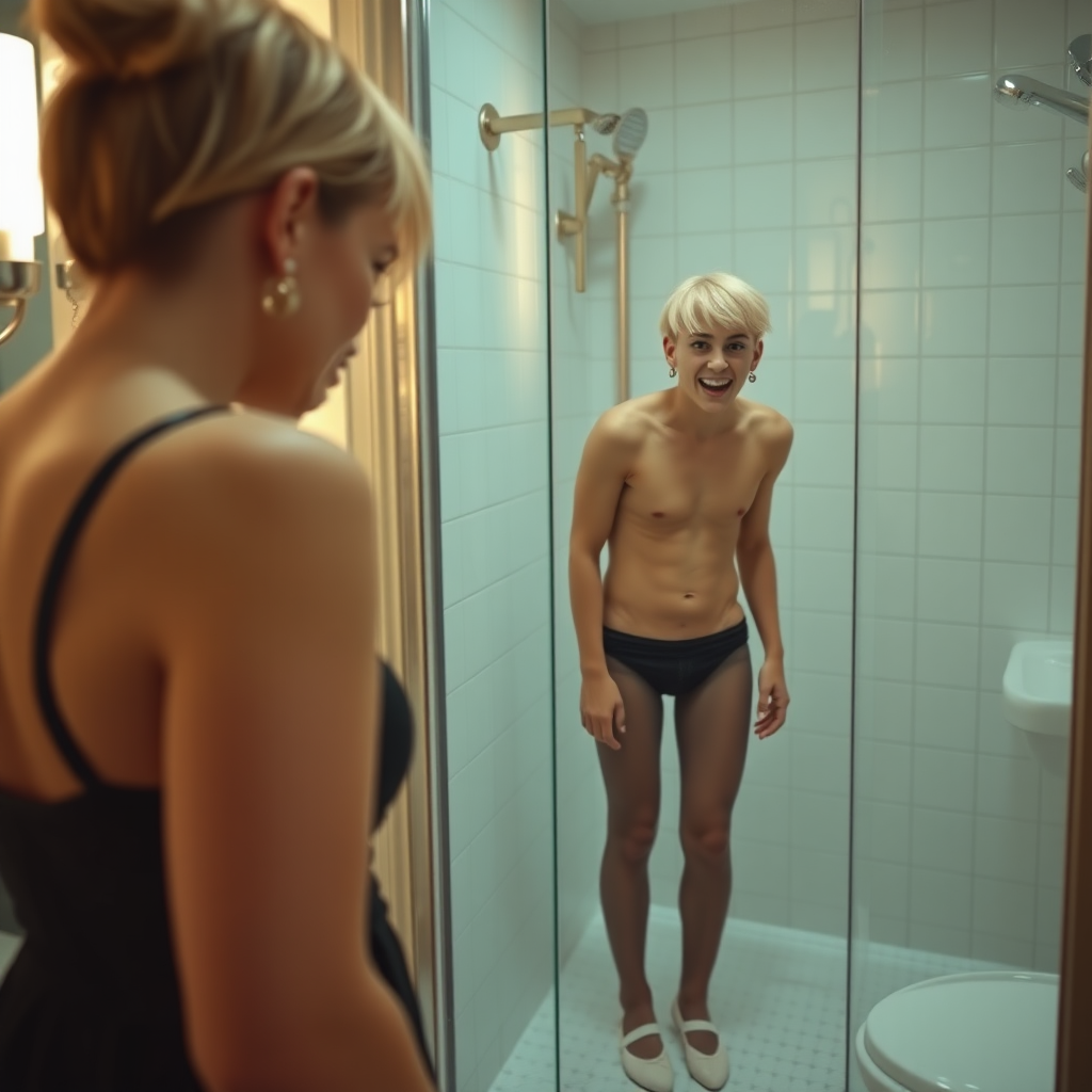 photorealistic, ultra high resolution, 16K, surreal fantasy, studio lighting, a 35 year old mother who is fully dressed for work is watching her pretty 16 year old goth male, slim male physique, short blonde hair, goth makeup, earrings, pantyhose, white ballet shoes, in the bathroom, excited smile, facing the camera.